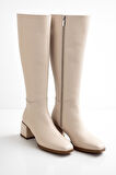 Kadın Topuk Detaylı Yandan Fermuarlı  Uzun Çizme