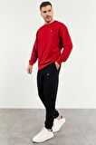 Kırmızı - Siyah Casual O Yaka Lastik Paça Erkek Oversize Eşofman Takımı - 85120 | XL