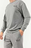 Gri Melanj Casual O Yaka Lastik Paça Erkek Oversize Eşofman Takımı - 85120 | XXL