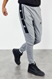 Gri Melanj Air Baskılı Fermuar Cepli Standart Kalıp Jogger Erkek Eşofman Alt - 84587 | L