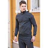 Antrasit Melanj Dik Yaka Fermuarlı Rahat Form Klasik Paça Erkek Eşofman Takımı - 85072 | XL