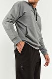 Gri Melanj - Siyah Kapüşonlu Kanguru Cep Lastik Paça Erkek Oversize Eşofman Takımı - 85117 | XL