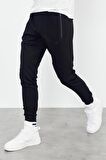 Siyah Air Baskılı Fermuar Cepli Standart Kalıp Jogger Erkek Eşofman Alt - 84587 | XL