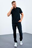 Lacivert Basic Logolu Standart Kalıp Triko Polo Yaka Erkek T-Shirt - 87748 | L