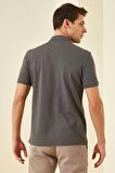 Koyu Gri Basic Logolu Standart Kalıp Triko Polo Yaka Erkek T-Shirt - 87748 | S
