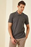 Koyu Gri Basic Logolu Standart Kalıp Triko Polo Yaka Erkek T-Shirt - 87748 | S