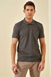 Koyu Gri Basic Logolu Standart Kalıp Triko Polo Yaka Erkek T-Shirt - 87748 | S