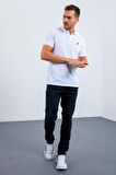 Beyaz Basic Göğüs Logolu Standart Kalıp Triko Polo Yaka Erkek T-Shirt - 87768 | L