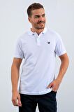 Beyaz Basic Göğüs Logolu Standart Kalıp Triko Polo Yaka Erkek T-Shirt - 87768 | XXL