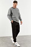 Gri Melanj - Siyah Casual O Yaka Lastik Paça Erkek Oversize Eşofman Takımı - 85120 S
