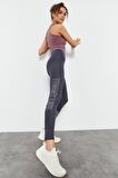 Antrasit Yüksek Bel Yazı Baskılı Slim Fit Dar Paça Kadın Tayt - 94544 | M