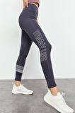 Antrasit Yüksek Bel Yazı Baskılı Slim Fit Dar Paça Kadın Tayt - 94544 | M