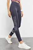 Antrasit Yüksek Bel Yazı Baskılı Slim Fit Dar Paça Kadın Tayt - 94544 | M