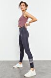 Antrasit Yüksek Bel Yazı Baskılı Slim Fit Dar Paça Kadın Tayt - 94544 | M