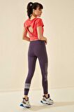 Mor Yüksek Bel Yazı Baskılı Slim Fit Dar Paça Kadın Tayt - 94544 | M