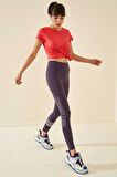 Mor Yüksek Bel Yazı Baskılı Slim Fit Dar Paça Kadın Tayt - 94544 | M