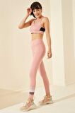 Pudra Yüksek Bel Yazı Baskılı Slim Fit Dar Paça Kadın Tayt - 94544 | L