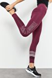 Bordo Yüksek Bel Yazı Baskılı Slim Fit Dar Paça Kadın Tayt - 94544 | XL