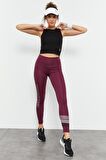 Bordo Yüksek Bel Yazı Baskılı Slim Fit Dar Paça Kadın Tayt - 94544 | XL