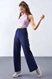 İndigo Yüksek Bel Cepli Rahat Form Geniş Paça Kadın Eşofman Alt - 94567 | M