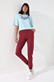 Bordo Yüksek Bel Jogger Rahat Form Manşetli Kadın Eşofman Alt - 94561 | XS