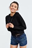 Siyah Uzun Kol Rahat Form Kapüşonlu Kadın Sweatshirt - 97115 | XL