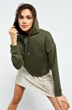 Haki Uzun Kol Rahat Form Kapüşonlu Kadın Sweatshirt - 97115 | XXL