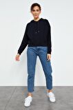 Lacivert Uzun Kol Rahat Form Kapüşonlu Kadın Sweatshirt - 97115 | XL