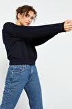 Lacivert Uzun Kol Rahat Form Kapüşonlu Kadın Sweatshirt - 97115 | XL