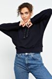 Lacivert Uzun Kol Rahat Form Kapüşonlu Kadın Sweatshirt - 97115 | XL