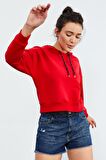 Kırmızı Uzun Kol Rahat Form Kapüşonlu Kadın Sweatshirt - 97115 | XXL