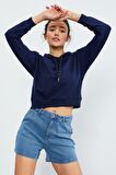 İndigo Uzun Kol Rahat Form Kapüşonlu Kadın Sweatshirt - 97115 | XXL