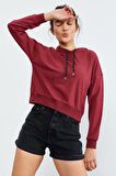 Bordo Uzun Kol Rahat Form Kapüşonlu Kadın Sweatshirt - 97115 | XL