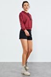 Bordo Uzun Kol Rahat Form Kapüşonlu Kadın Sweatshirt - 97115 | XXL