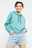 Mint Yeşili Uzun Kol Rahat Form Kapüşonlu Kadın Sweatshirt - 97115 | XXL