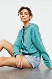 Mint Yeşili Uzun Kol Rahat Form Kapüşonlu Kadın Sweatshirt - 97115 | XXL