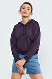 Mor Uzun Kol Rahat Form Kapüşonlu Kadın Sweatshirt - 97115 | XXL