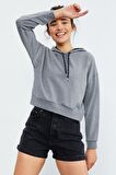 Gri Melanj Uzun Kol Rahat Form Kapüşonlu Kadın Sweatshirt - 97115 | XL
