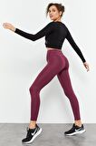 Bordo Yüksek Bel Streç Slim Fit Dar Paça Kadın Tayt - 94545 | M