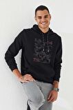 Siyah Kamuflaj Desen Baskılı Standart Kalıp Kapüşonlu Erkek Sweatshirt - 87884 | S