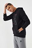 Siyah Kamuflaj Desen Baskılı Standart Kalıp Kapüşonlu Erkek Sweatshirt - 87884 | S