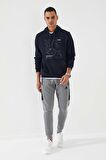 Lacivert Kamuflaj Desen Baskılı Standart Kalıp Kapüşonlu Erkek Sweatshirt - 87884 | S