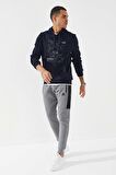 Lacivert Kamuflaj Desen Baskılı Standart Kalıp Kapüşonlu Erkek Sweatshirt - 87884 | S