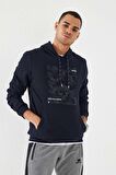 Lacivert Kamuflaj Desen Baskılı Standart Kalıp Kapüşonlu Erkek Sweatshirt - 87884 | S