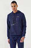 İndigo Kamuflaj Desen Baskılı Standart Kalıp Kapüşonlu Erkek Sweatshirt - 87884 | XXL