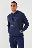 İndigo Kamuflaj Desen Baskılı Standart Kalıp Kapüşonlu Erkek Sweatshirt - 87884 | XXL