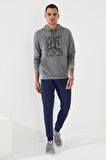 Gri Melanj Kamuflaj Desen Baskılı Standart Kalıp Kapüşonlu Erkek Sweatshirt - 87884 | S