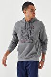 Gri Melanj Kamuflaj Desen Baskılı Standart Kalıp Kapüşonlu Erkek Sweatshirt - 87884 | S