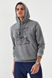 Gri Melanj Kamuflaj Desen Baskılı Standart Kalıp Kapüşonlu Erkek Sweatshirt - 87884 | S
