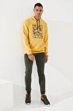 Hardal Kamuflaj Desen Baskılı Standart Kalıp Kapüşonlu Erkek Sweatshirt - 87884 | XXL